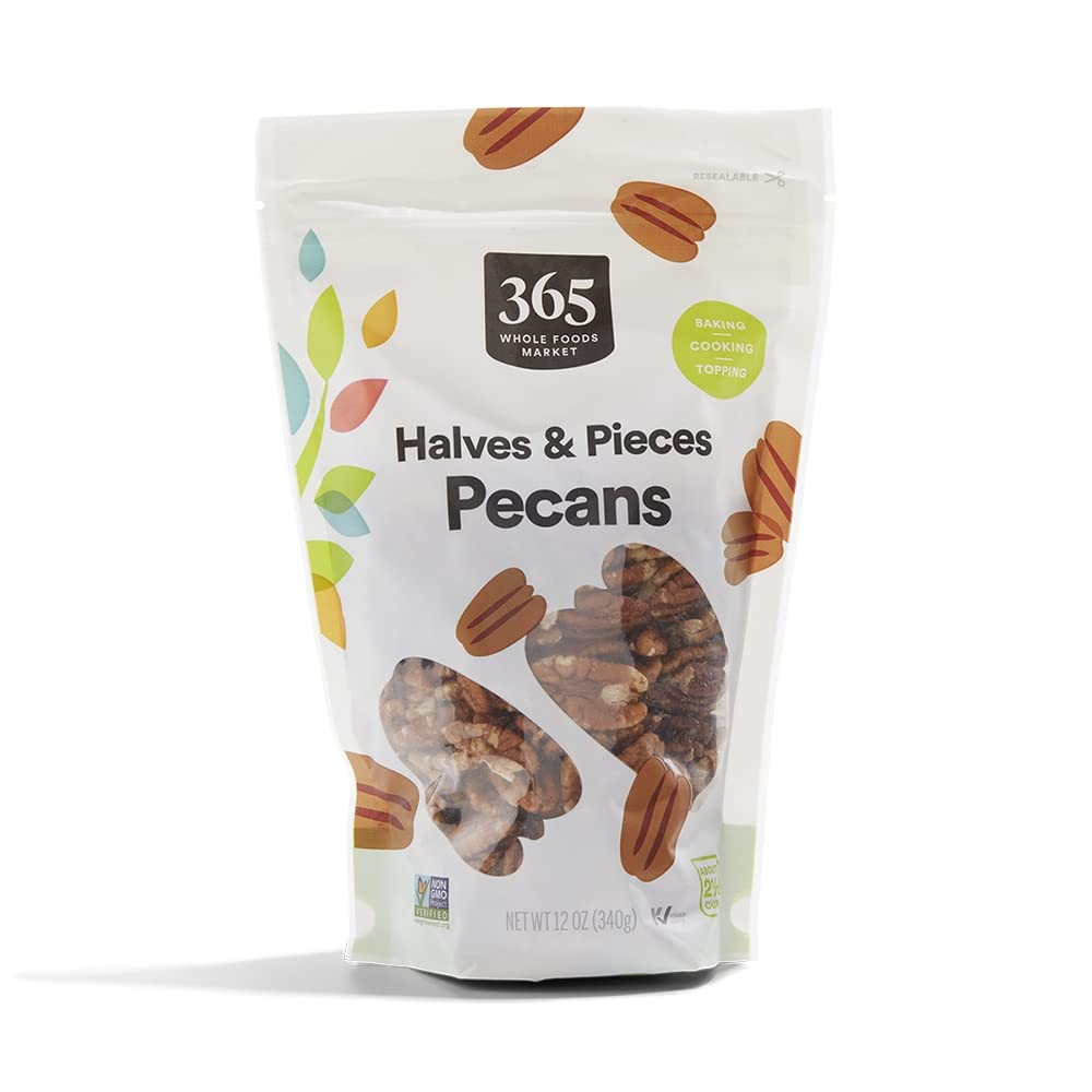 365 Pecan Halves 12oz bag front shows premium raw pecans ready for baking