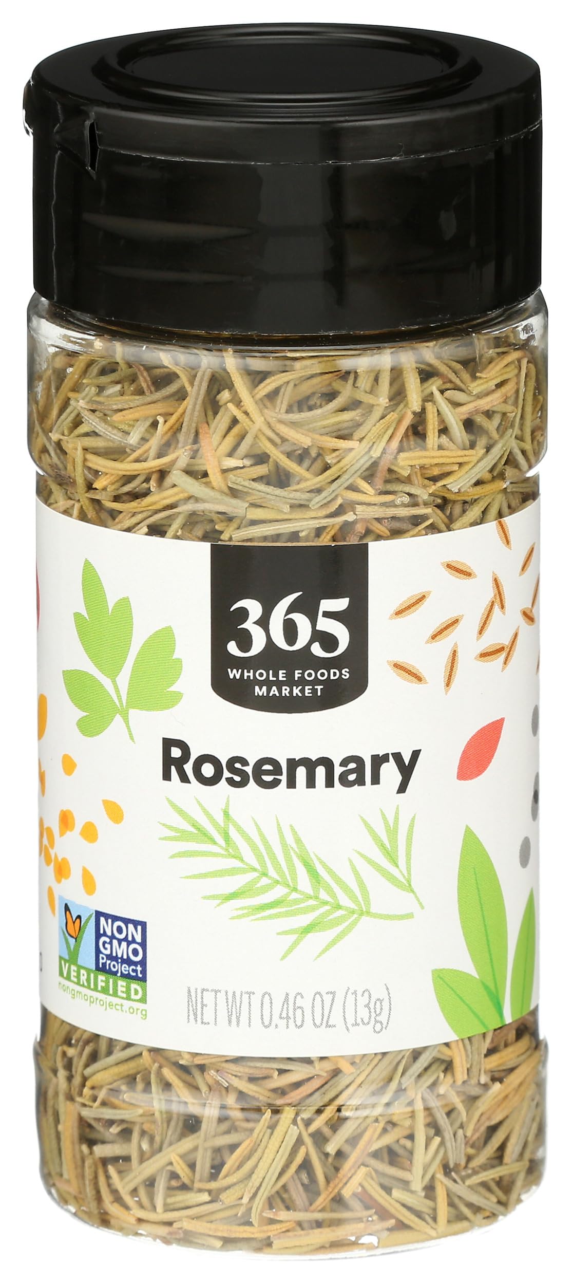 365 Rosemary Leaf dried, close-up on jar, ideal for quick seasoning.