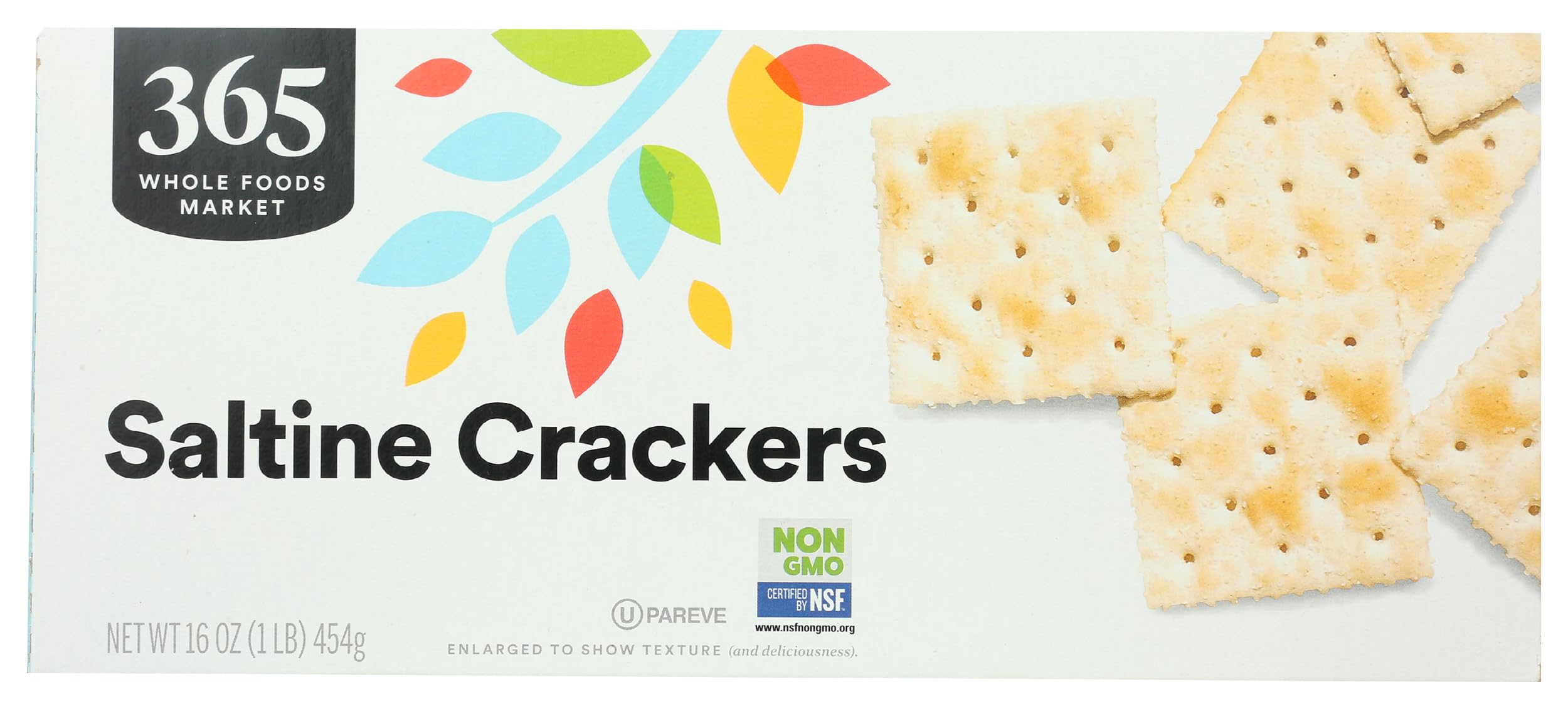 365 Salted Saltine Crackers 16oz pack displayed on a pantry shelf.