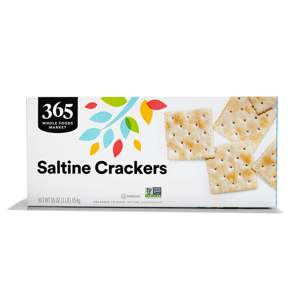 365 Salted Saltine Crackers show a light, crisp texture ideal for snacking.