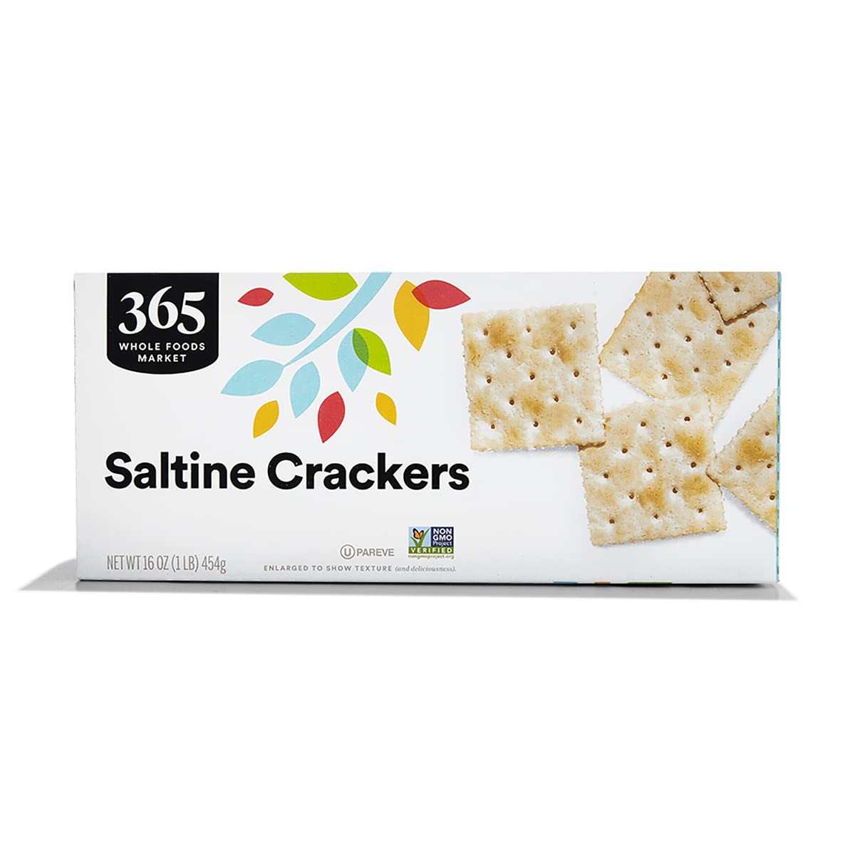 365 Salted Saltine Crackers show a light, crisp texture ideal for snacking.