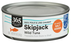 365 by Whole Foods Market salted skipjack tuna in water label closeup, sustainably sourced.