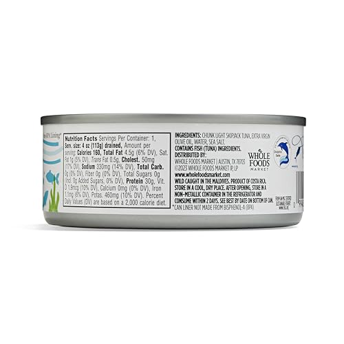 365 by Whole Foods Market skipjack tuna in olive oil can with light salt for easy flavor.
