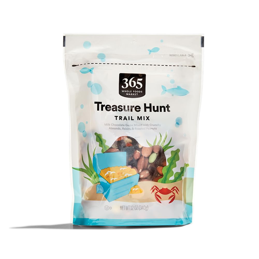 365 by Whole Foods Treasure Hunt Trail Mix bag front with almonds and raisins, ideal on-the-go energy.