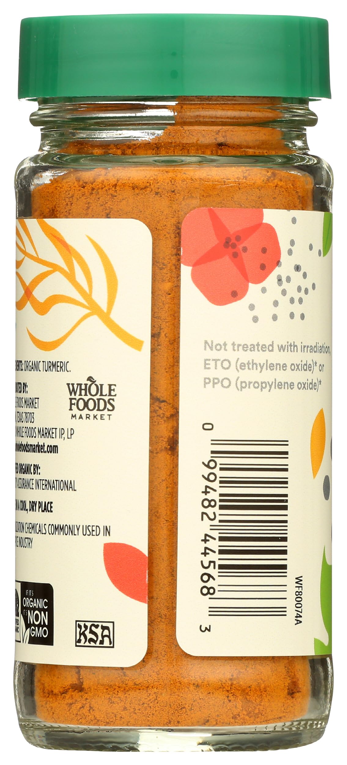 Closeup of 365 turmeric spice jar highlighting rich color and aroma.