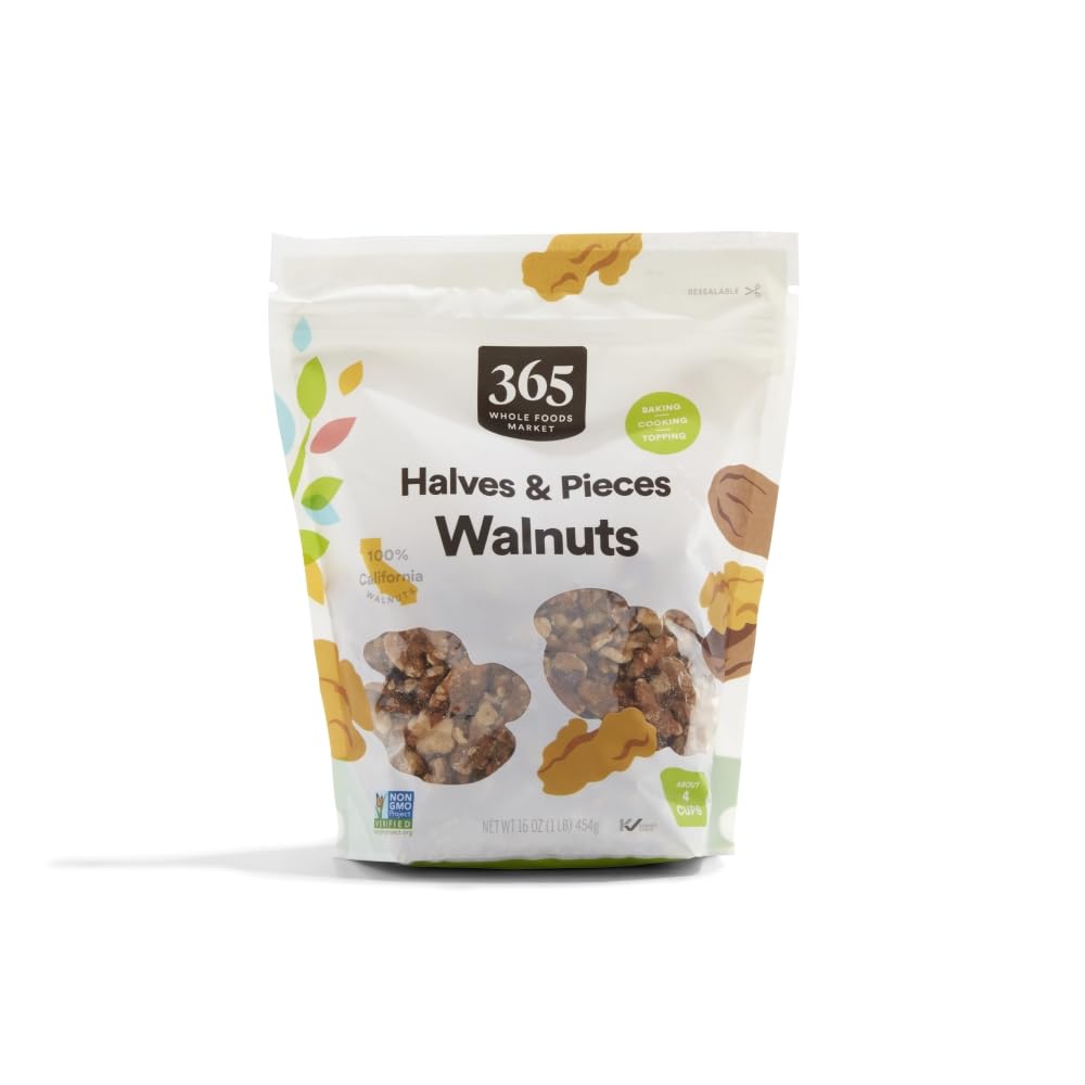 365 by Whole Foods Market walnut halves and pieces packaging showing premium quality for baking and topping