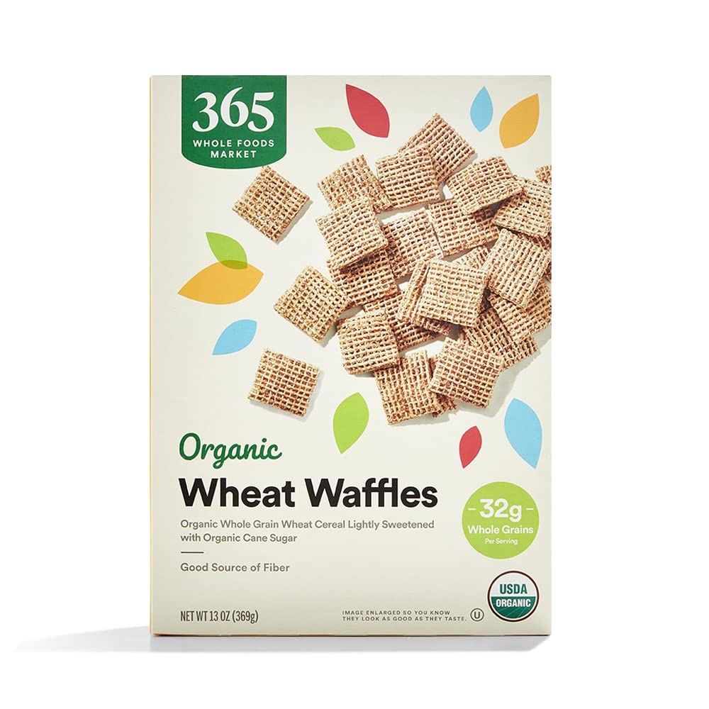 365 by Whole Foods Market cereal box front, organic wheat waffles ideal for quick breakfast