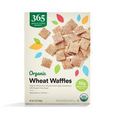 365 by Whole Foods Market cereal box front, organic wheat waffles ideal for quick breakfast