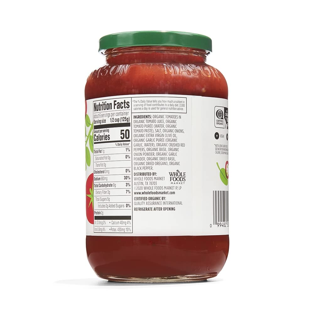 365 by Whole Foods Market Organic Arrabbiata Pasta Sauce ingredients closeup emphasizes clean tomato profile