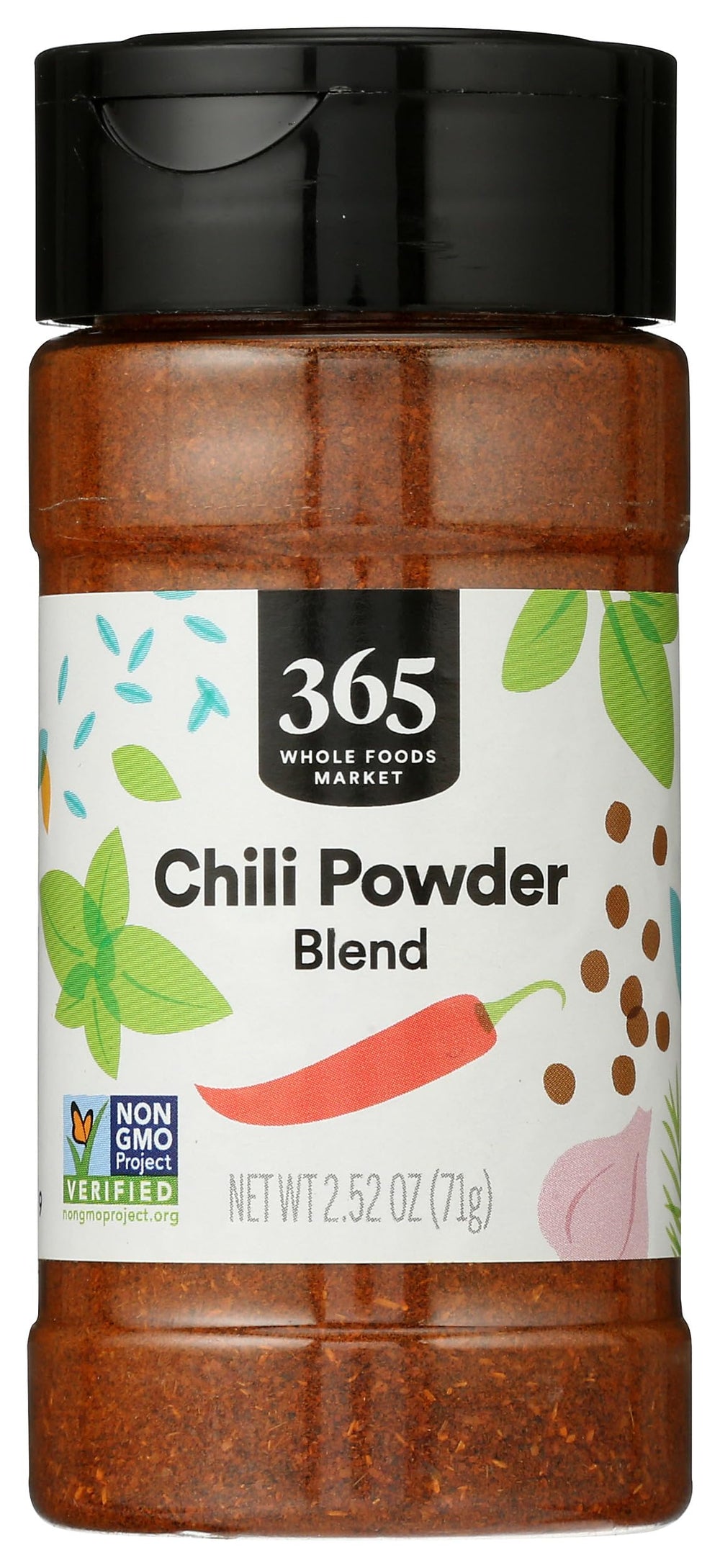 365 by Whole Foods Market chili powder blend jar front for quick, flavorful seasoning.