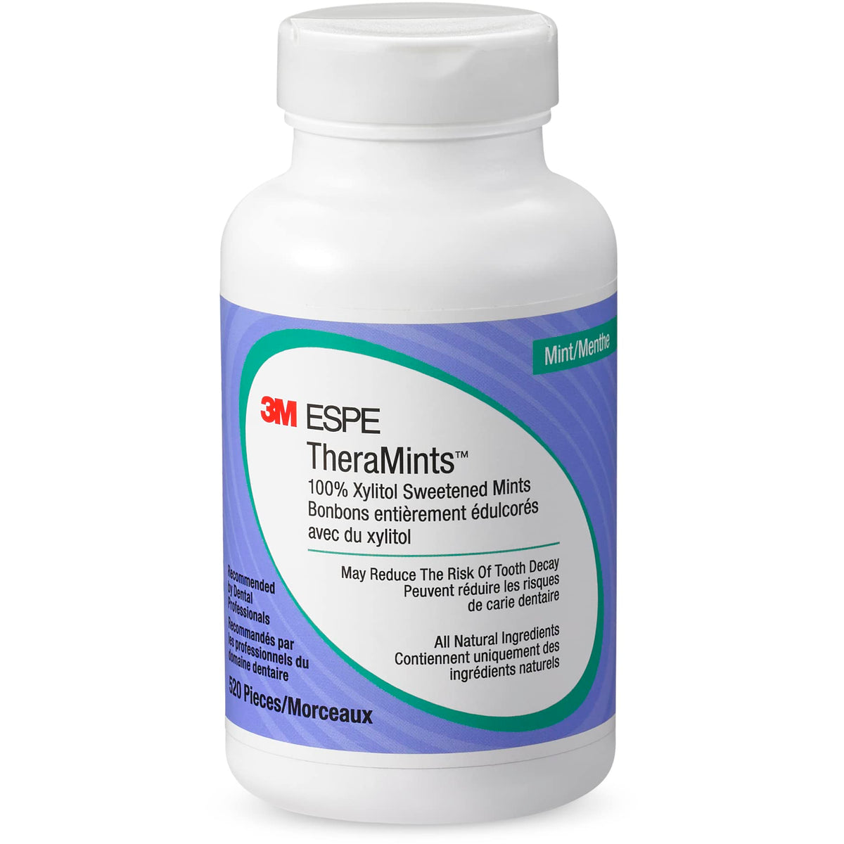 3M TheraMints bottle front with mint flavor and xylitol benefits