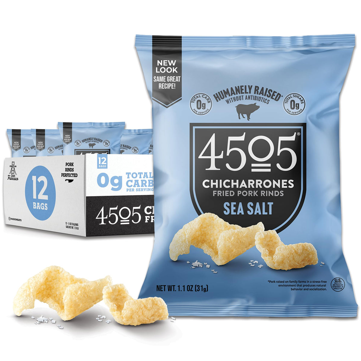 4505 Sea Salt Chicharrones 12-pack showing crispy pork rinds ideal for keto snacking.