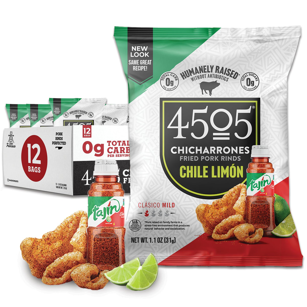 4505 Tajín Chile Limón pork rinds crisp bag for bold on-the-go snacking.