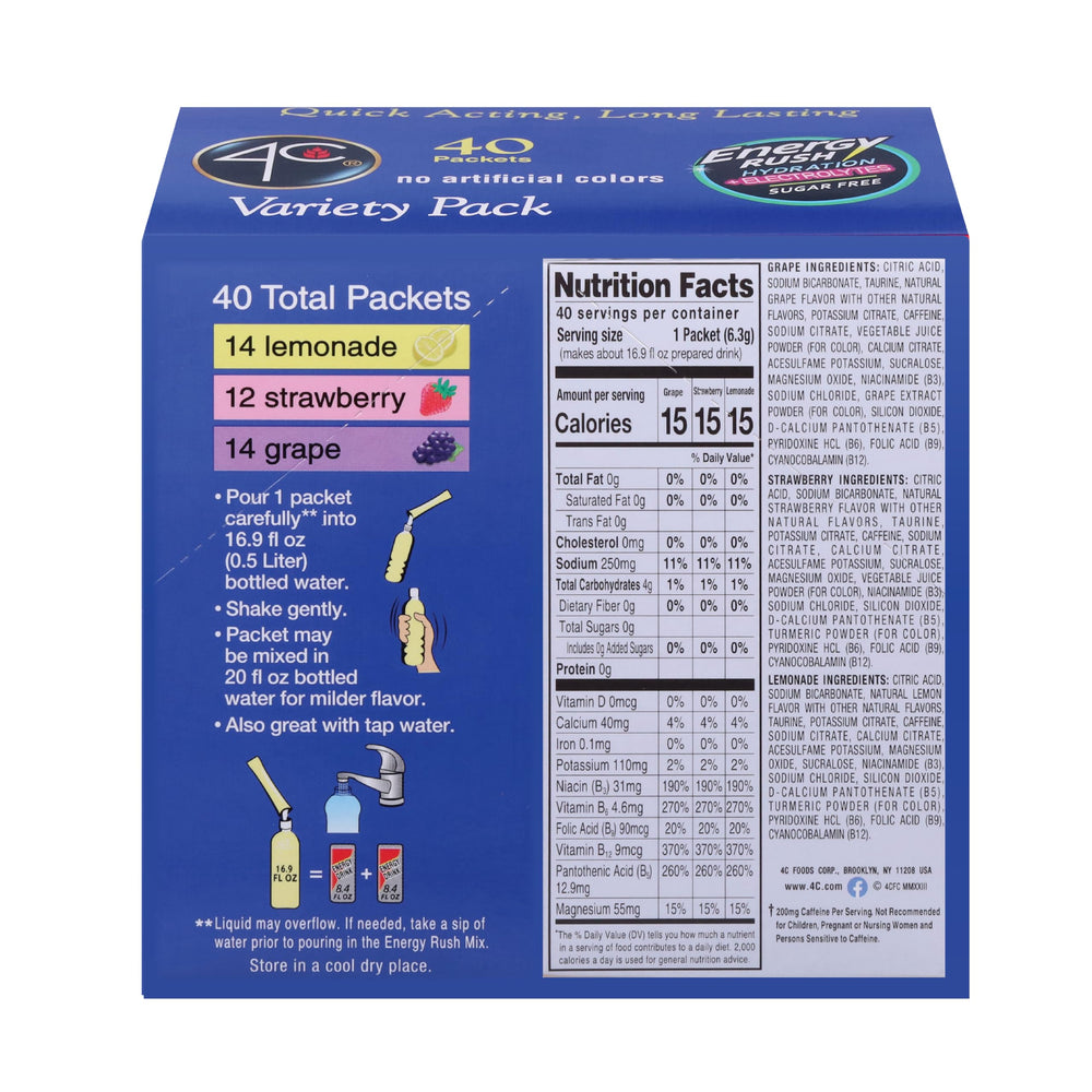 4C Energy Rush PSD lemonade stix closeup shows bright flavor and quick hydration.