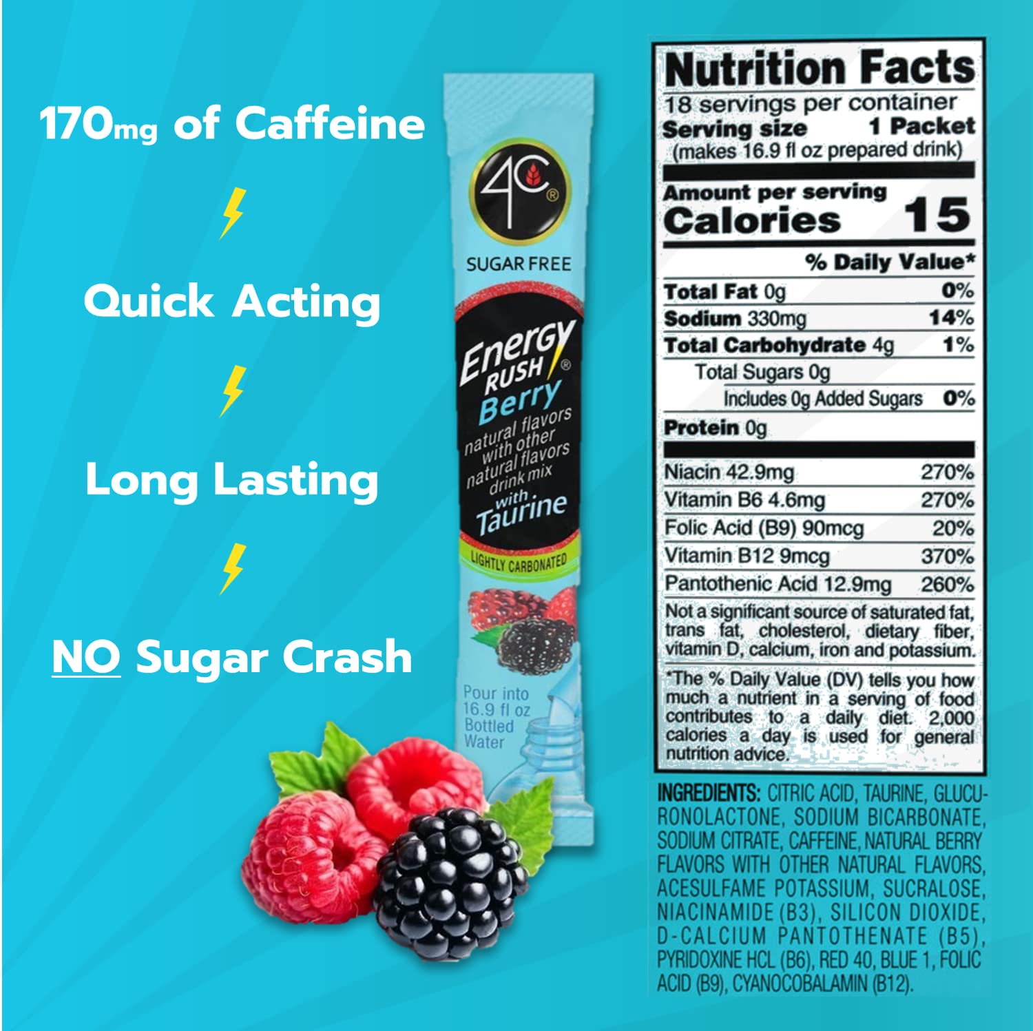 4C Energy Rush Stix Berry back view highlighting portable single-serve packets