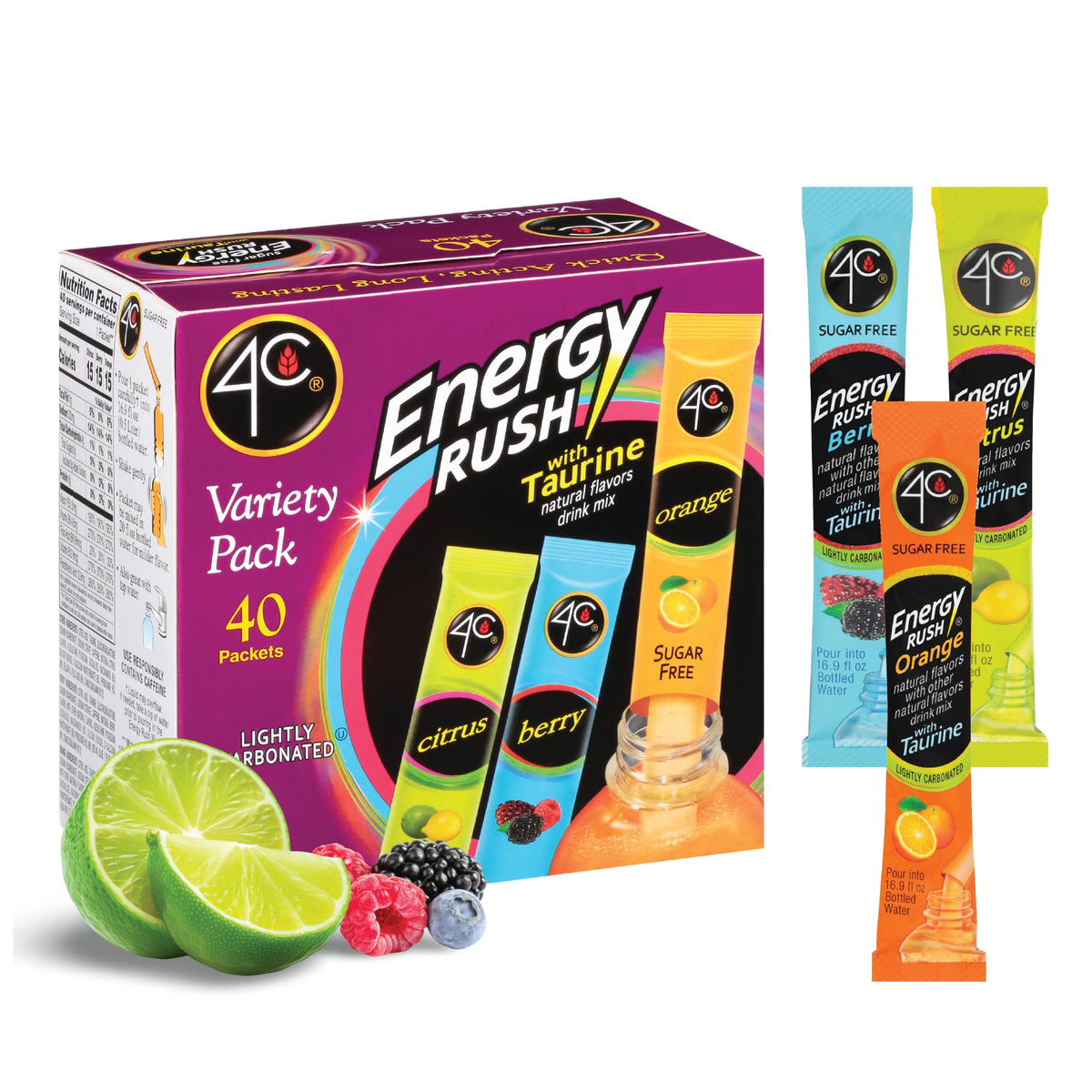 4C Energy Rush Stix berry packet on table for on-the-go flavor enjoyment