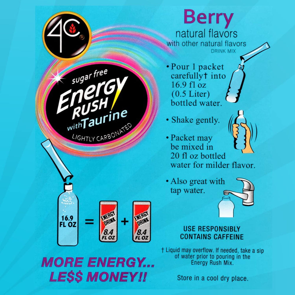 4C Energy Rush Stix Berry packet open reveals quick-dissolve flavoring for water