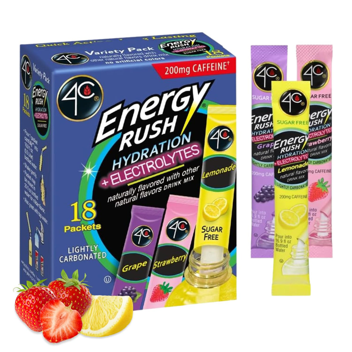 4C Energy Rush Stix Lemonade 18ct on desk for quick hydration and energy