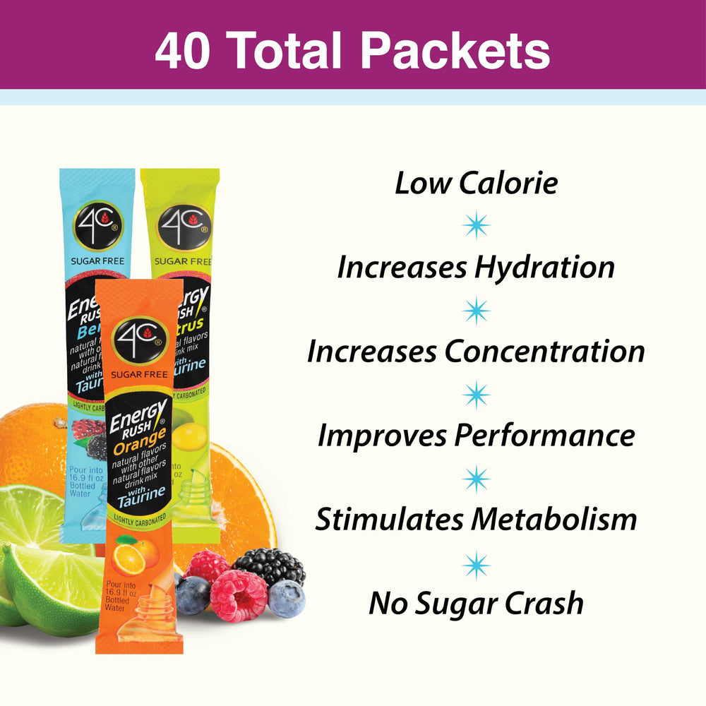4C Energy Rush Stix orange packet dissolving in water for refreshing sip