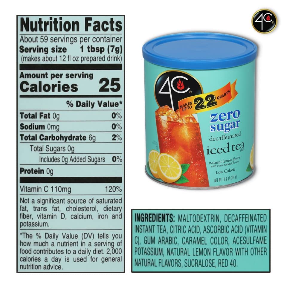 4C Light Powdered Drink Mix pouring into glass for refreshing, zero-sugar decaf iced tea.