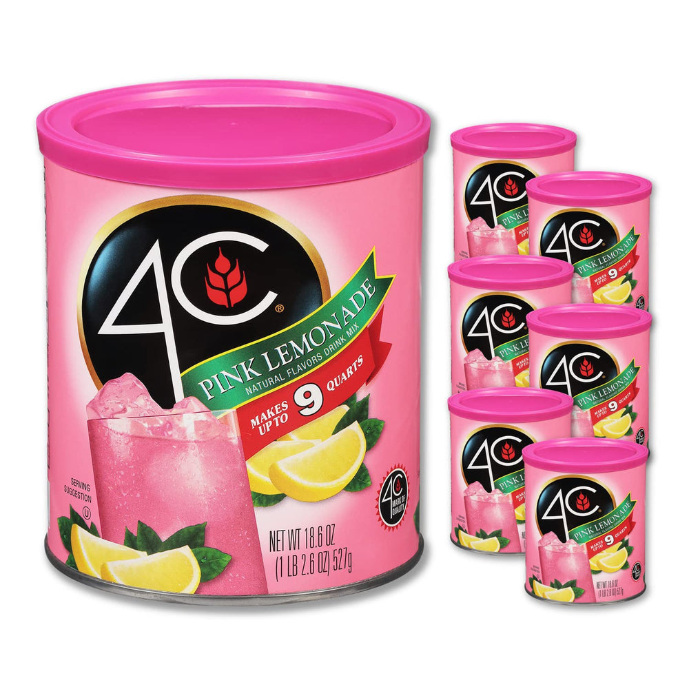 4C Pink Lemonade powder canister close-up ready for quick mixing