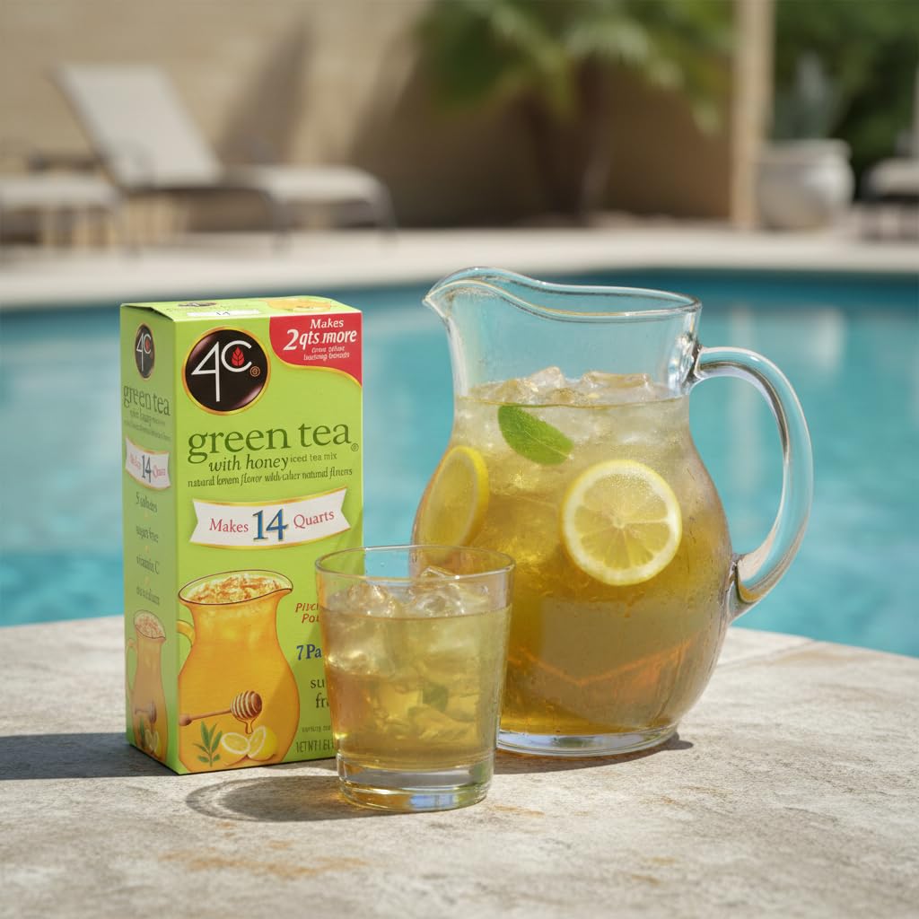 4C green tea pitcher packs on a fridge shelf, ready to chill