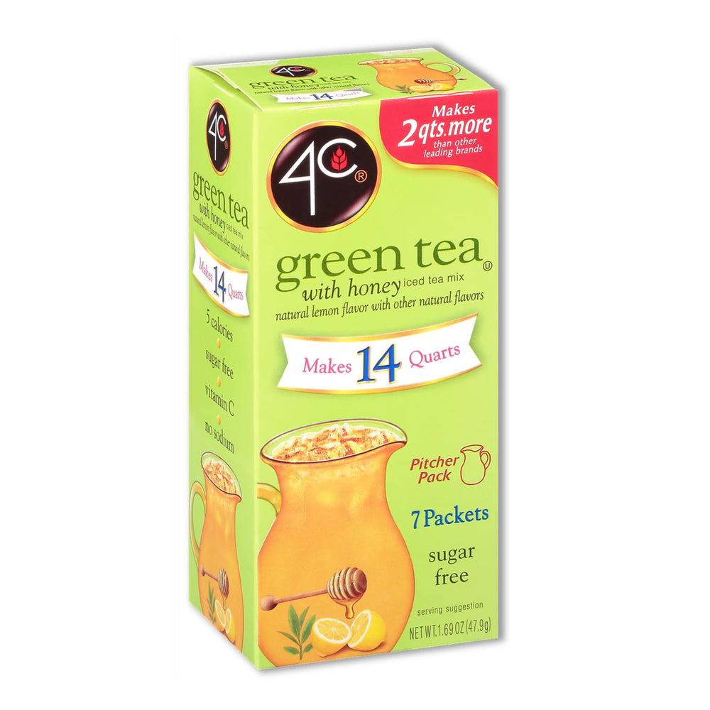 4C green tea pitcher packs shown with a glass for easy serving