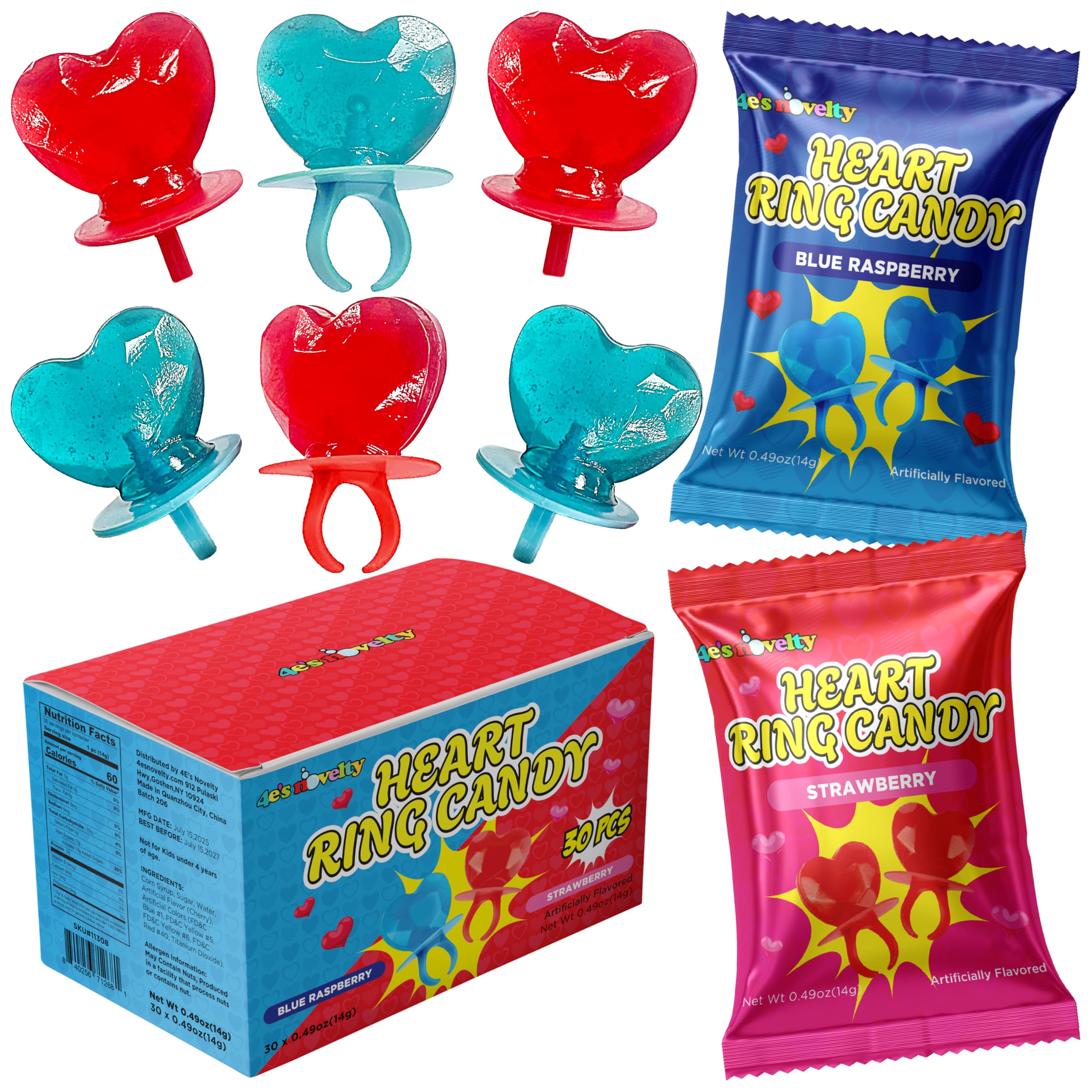 4E's Novelty blue heart ring lollipop worn as candy jewelry for classroom celebrations
