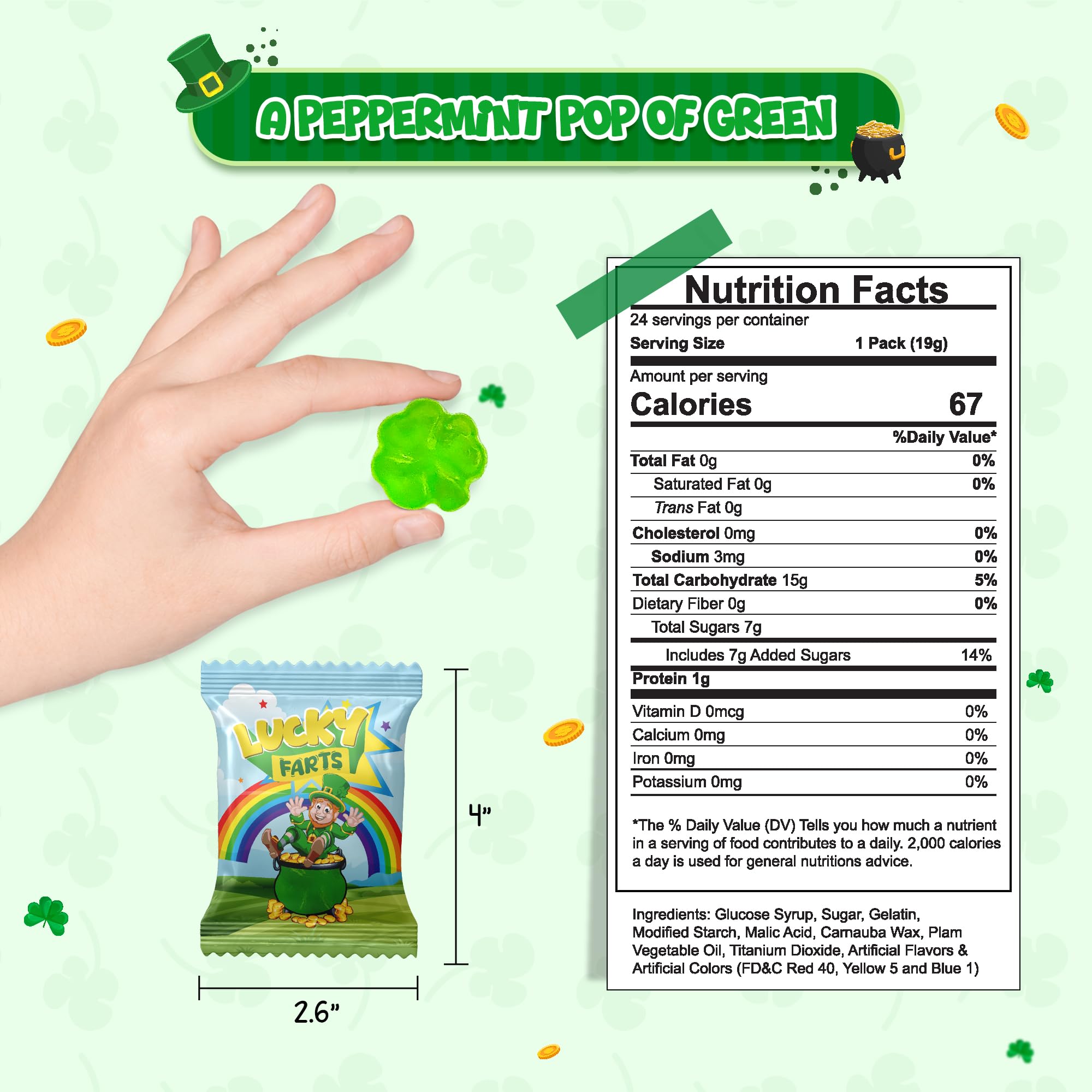 Individually wrapped 4E's Novelty shamrock gummies for clean handouts.
