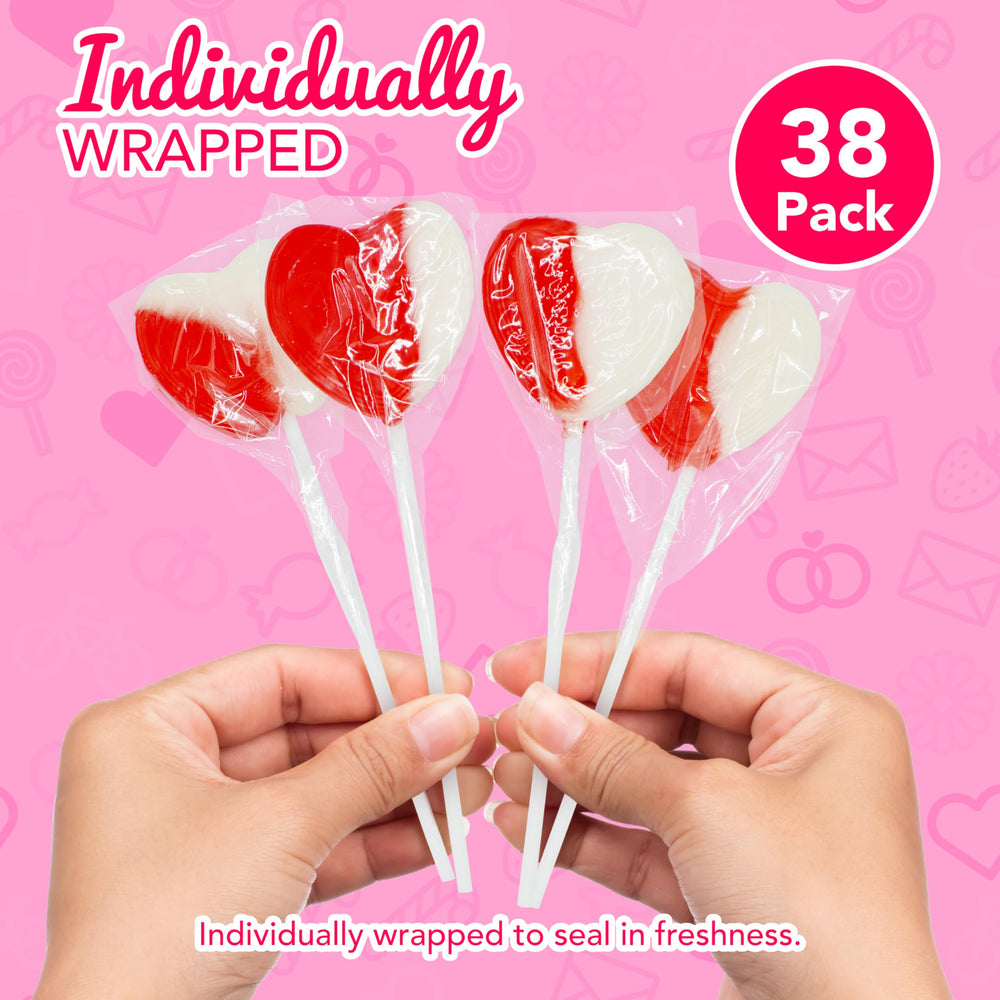 4E's Novelty kid friendly heart lollipops with easy loop handle.