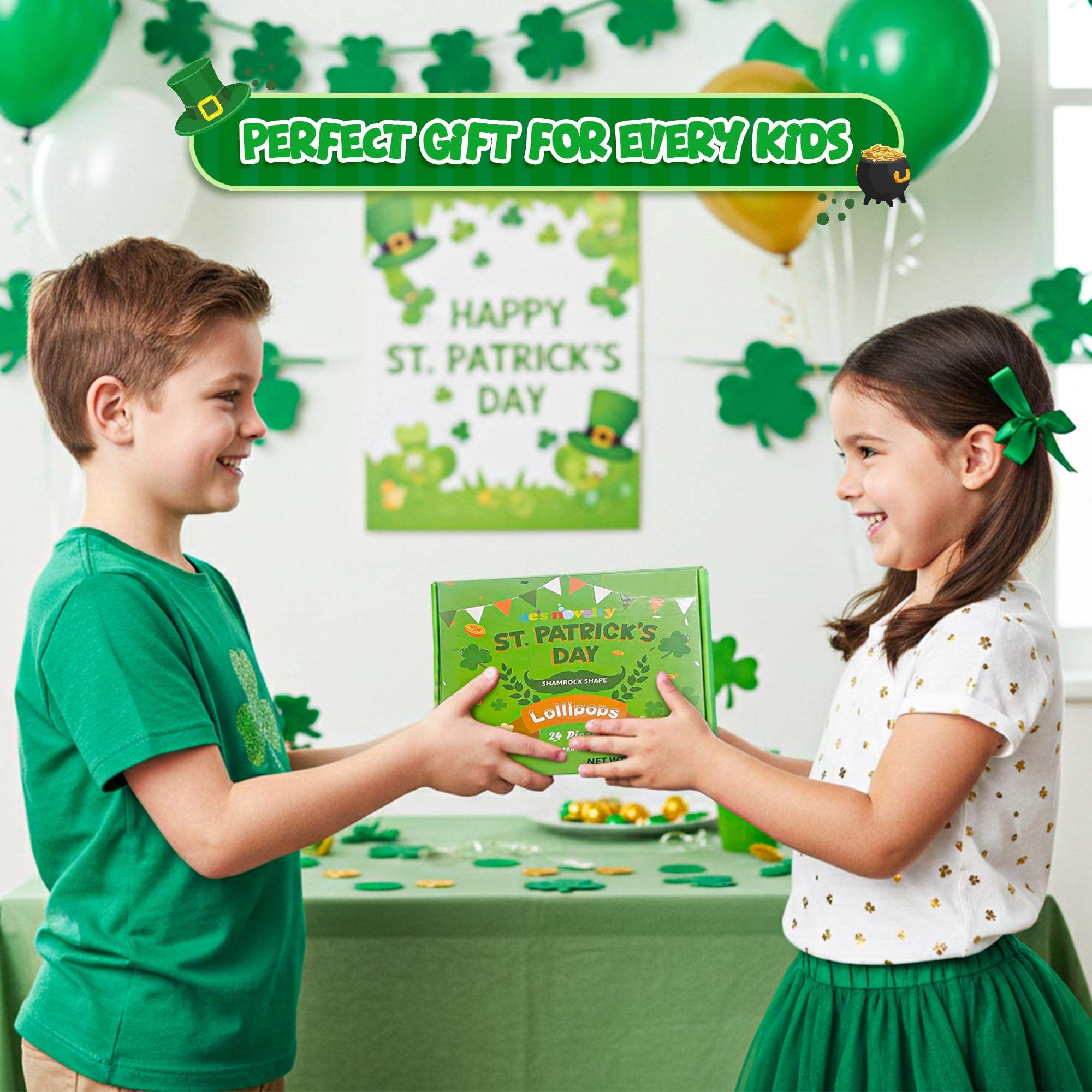 4E's Novelty individually wrapped shamrock lollipops for quick distribution.