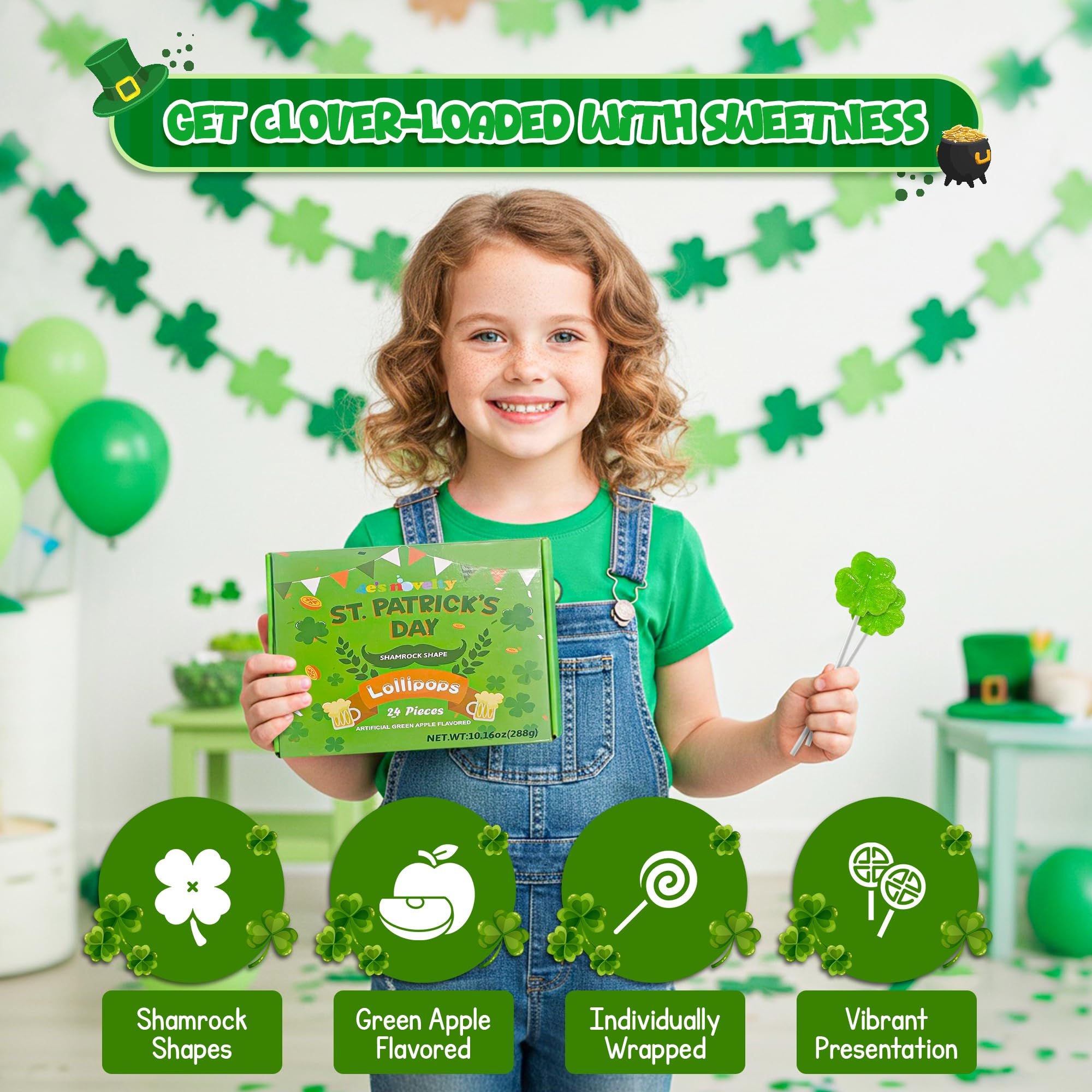 4E's Novelty party favors for St. Patrick's Day with vibrant green lollipops.