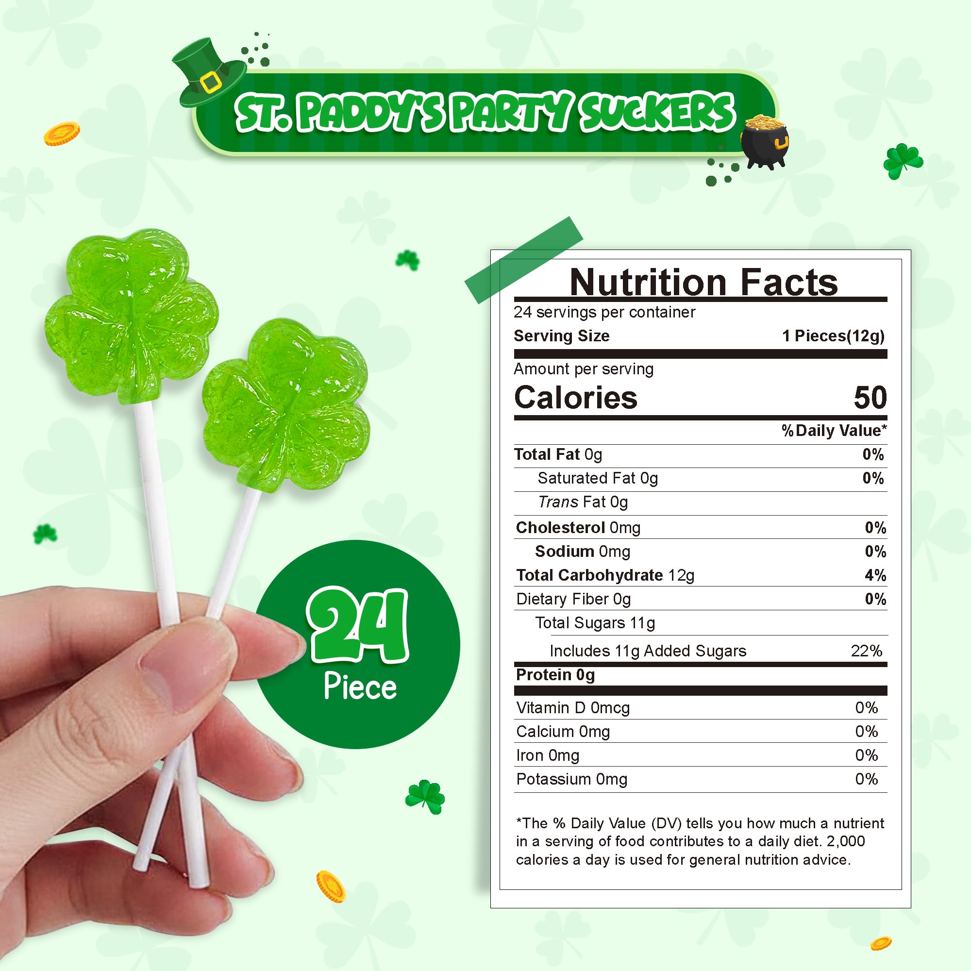 4E's Novelty shamrock lollipops wrapped in bulk packs for easy sharing at events.