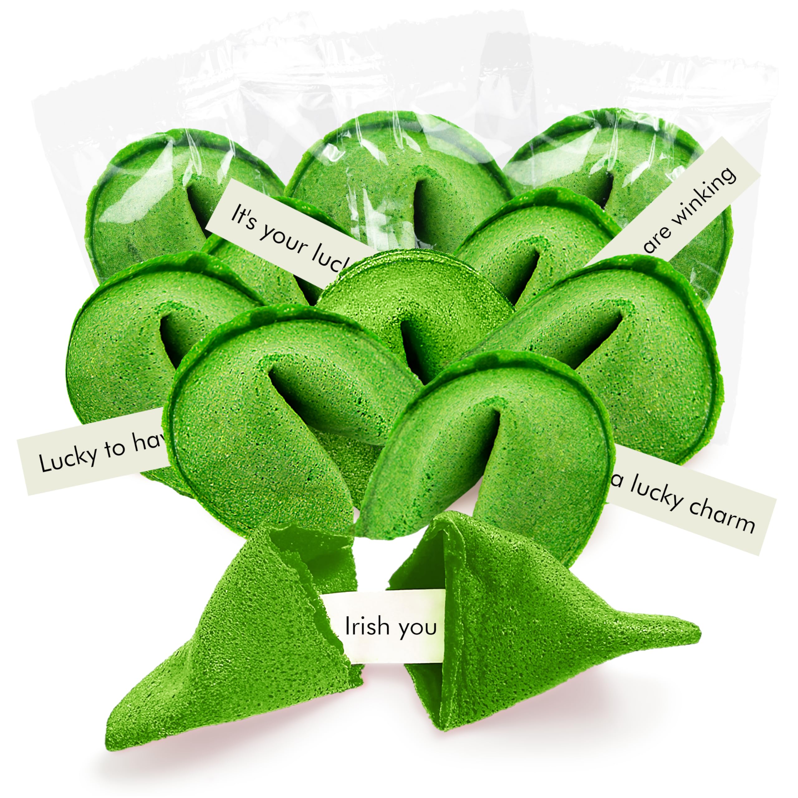 4E's Novelty St Patrick's Day fortune cookies in green packaging, ideal for party favors.