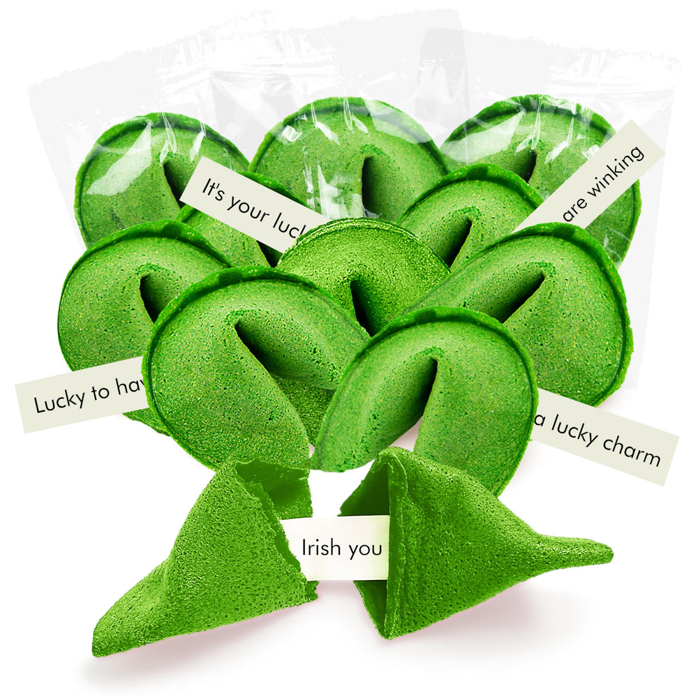 4E's Novelty St Patrick's Day fortune cookies in green packaging, ideal for party favors.