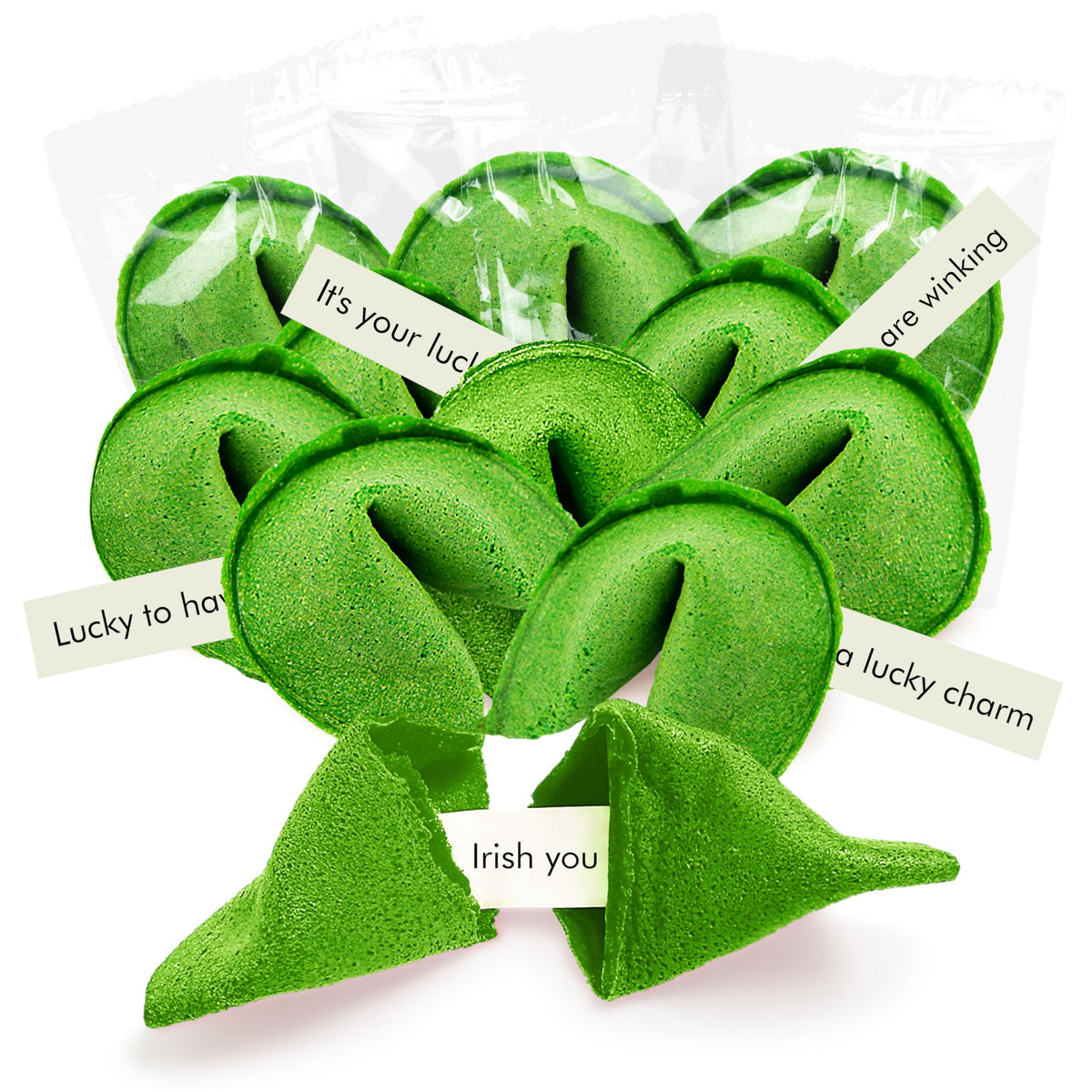 4E's Novelty St Patrick's Day fortune cookies in green packaging, ideal for party favors.