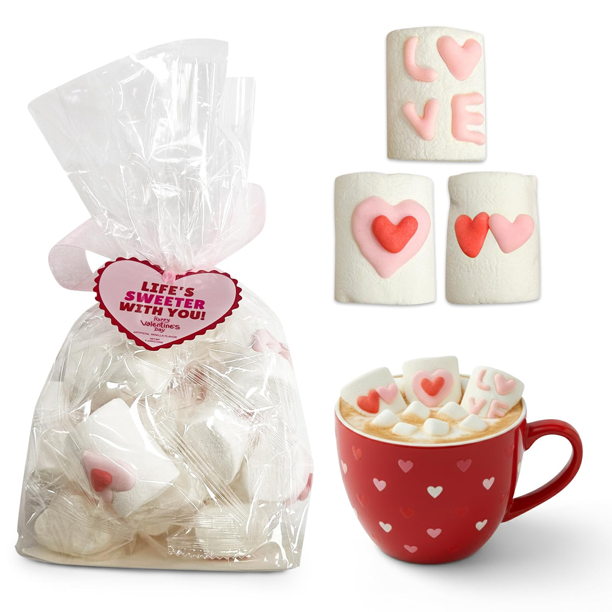 4E's Novelty valentines marshmallows with hearts, ideal as hot chocolate topping