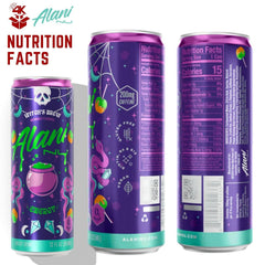 Alani Nuu Witches Brew label detail emphasizes bold branding and glass bottle quality.