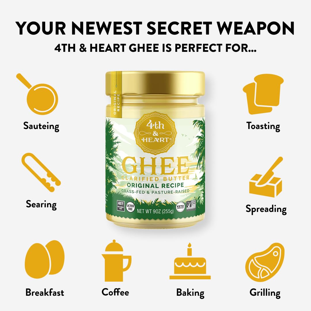 4th & Heart Ghee Original on pantry shelf, everyday cooking staple.