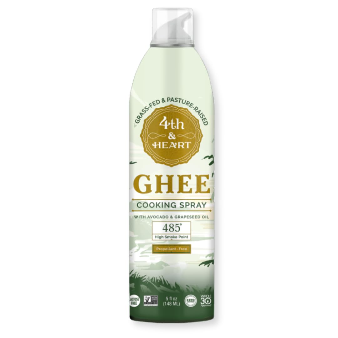 4th & Heart hi-heat ghee spray bottle front for high-heat cooking.