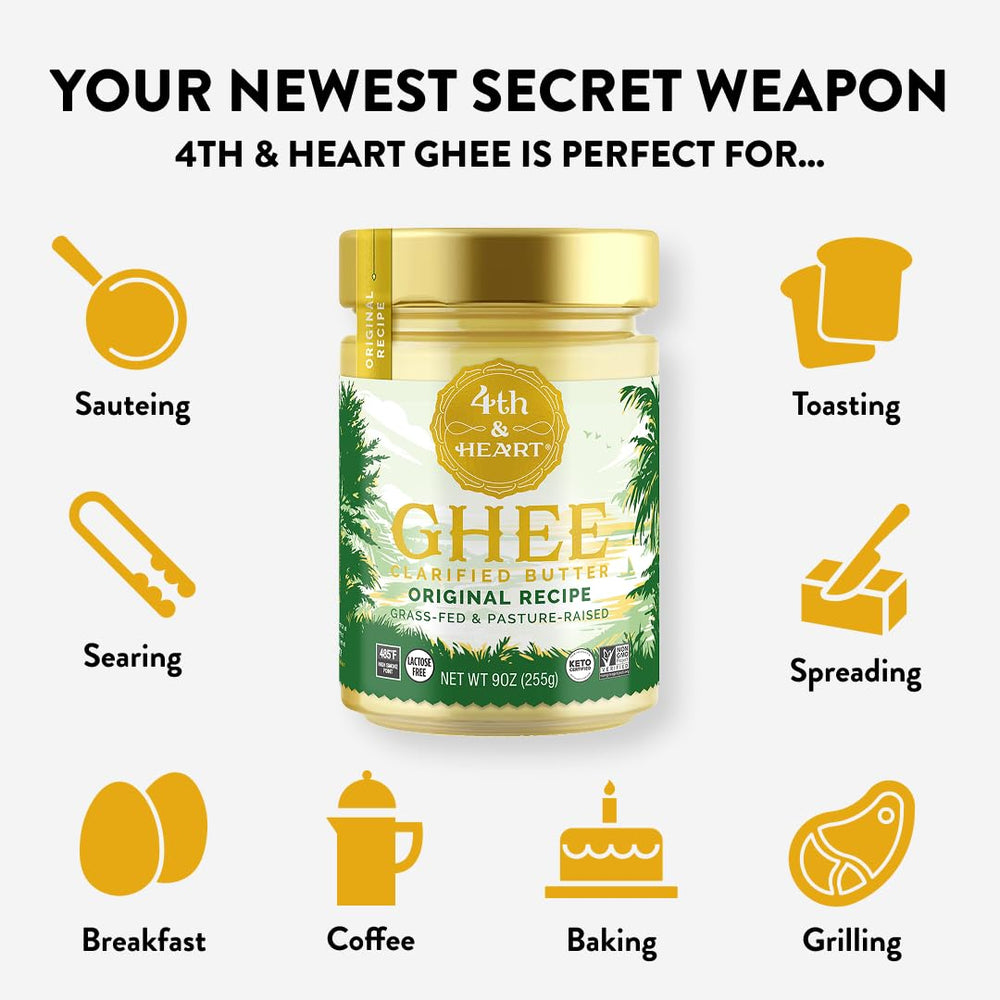 4th & Heart hi-heat ghee spray kitchen scene with ingredients.