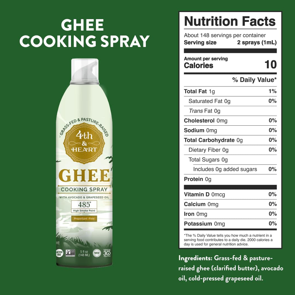 4th & Heart hi-heat ghee spray action close-up for even coating.