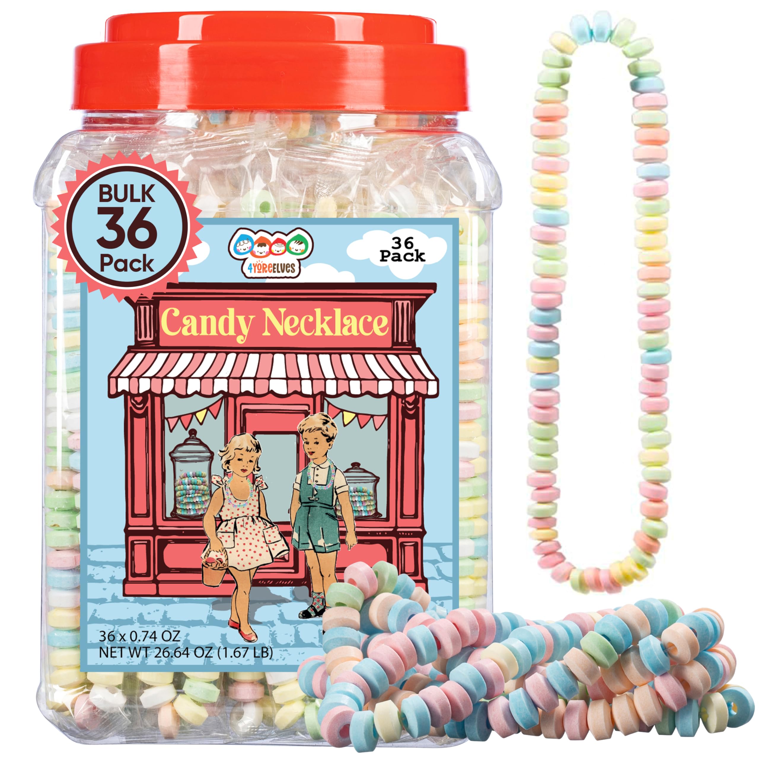 4YoreElves 36 candy necklaces in a display tub for easy party planning.
