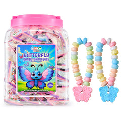 4YoreElves butterfly candy bracelets in bulk packaging tub for party displays.