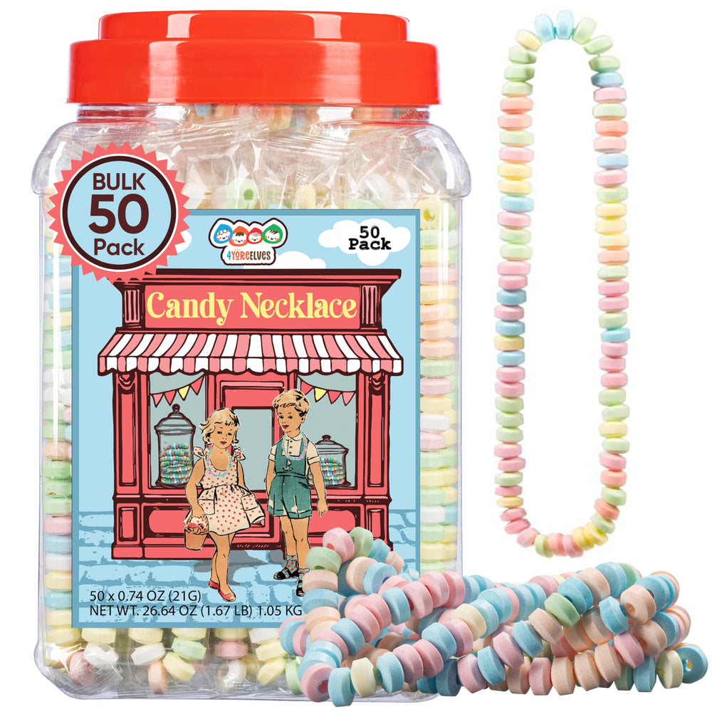 4YoreElves 50 candy necklaces displayed in a tub for easy party setup.
