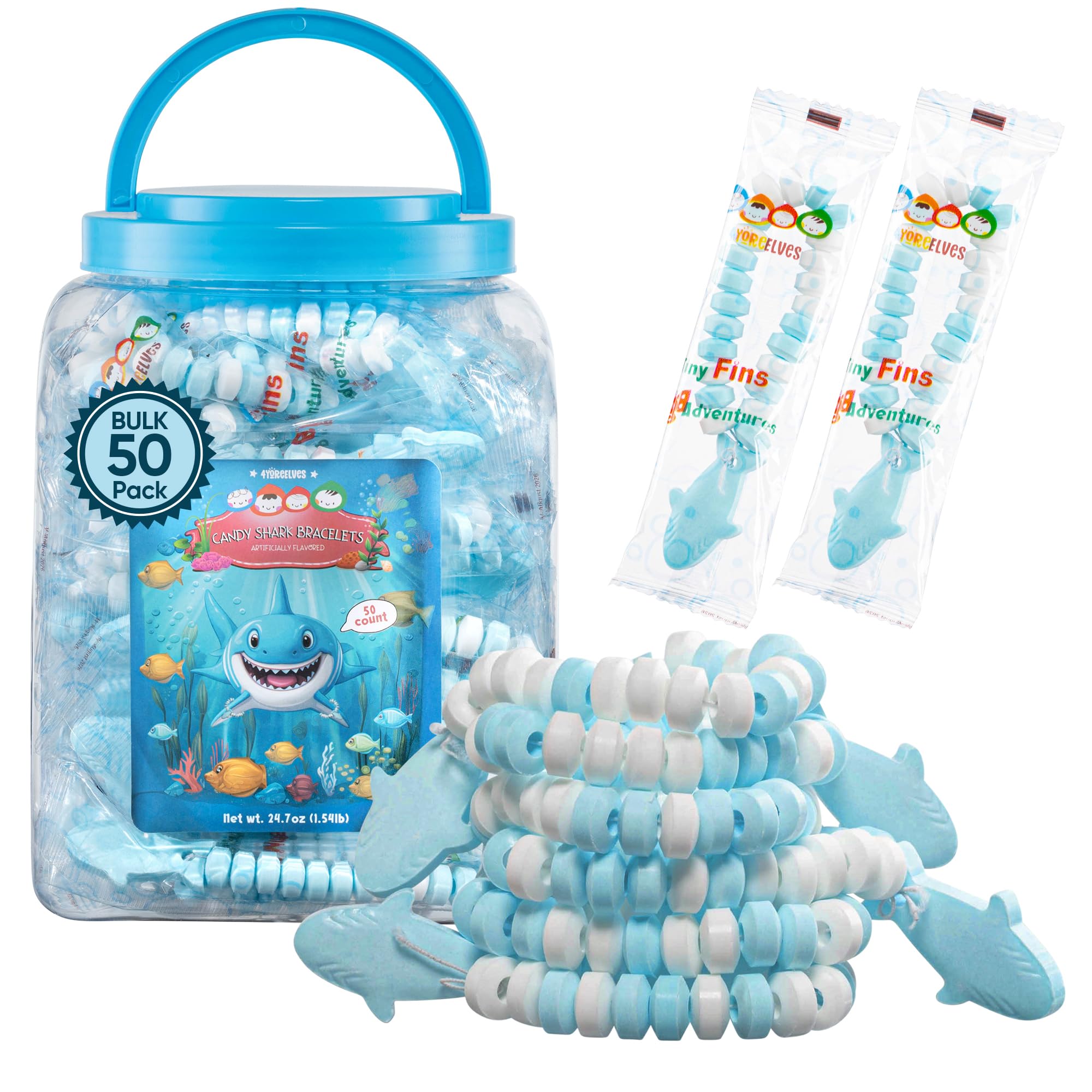 4YoreElves shark candy bracelets displayed in a tub for easy party favors