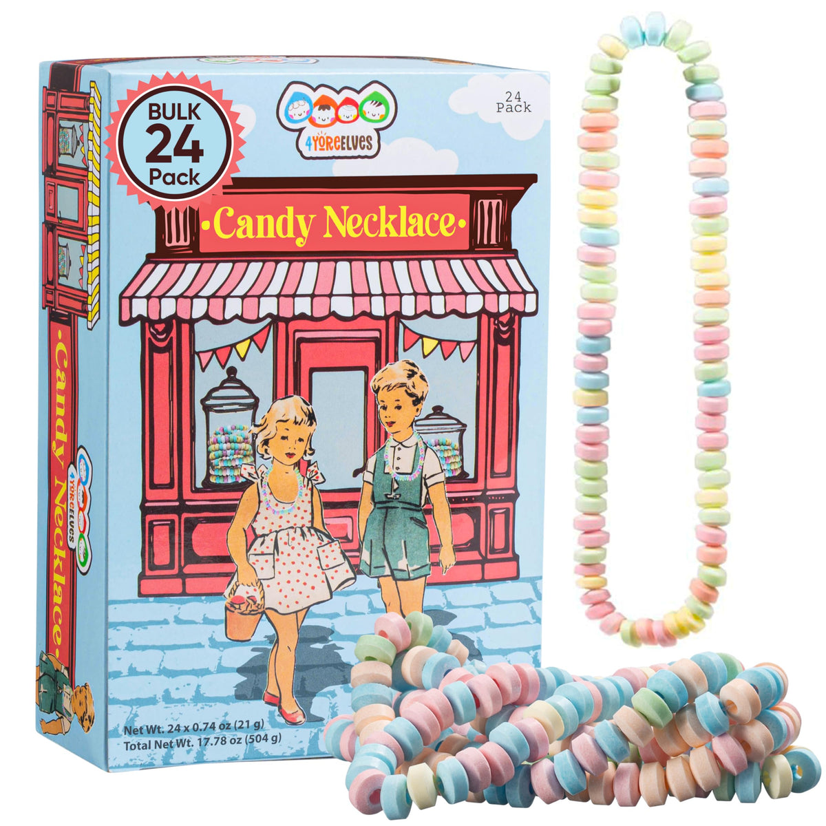 4YoreElves candy necklaces displayed in pastel display box for an easy party setup