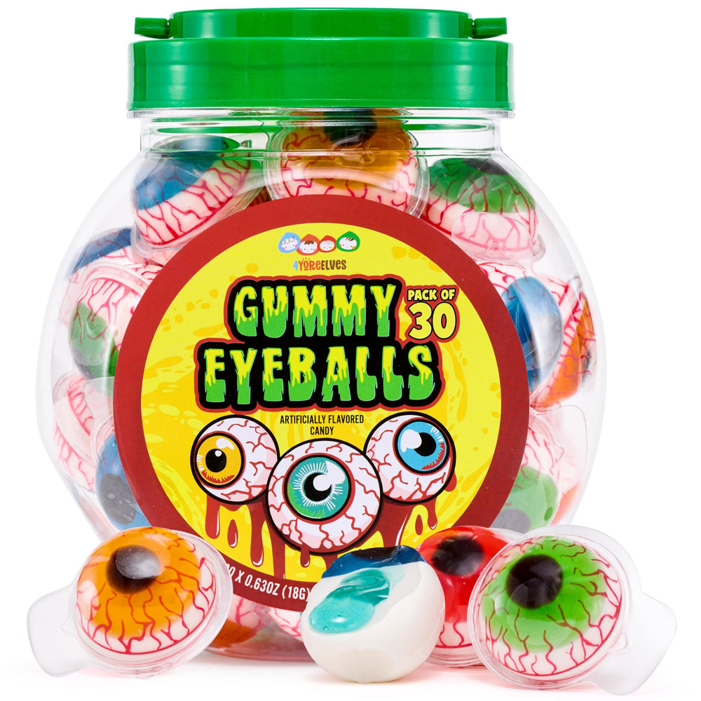 4YoreElves eyeballs red flavor gummies with strawberry taste, ideal for Halloween parties.