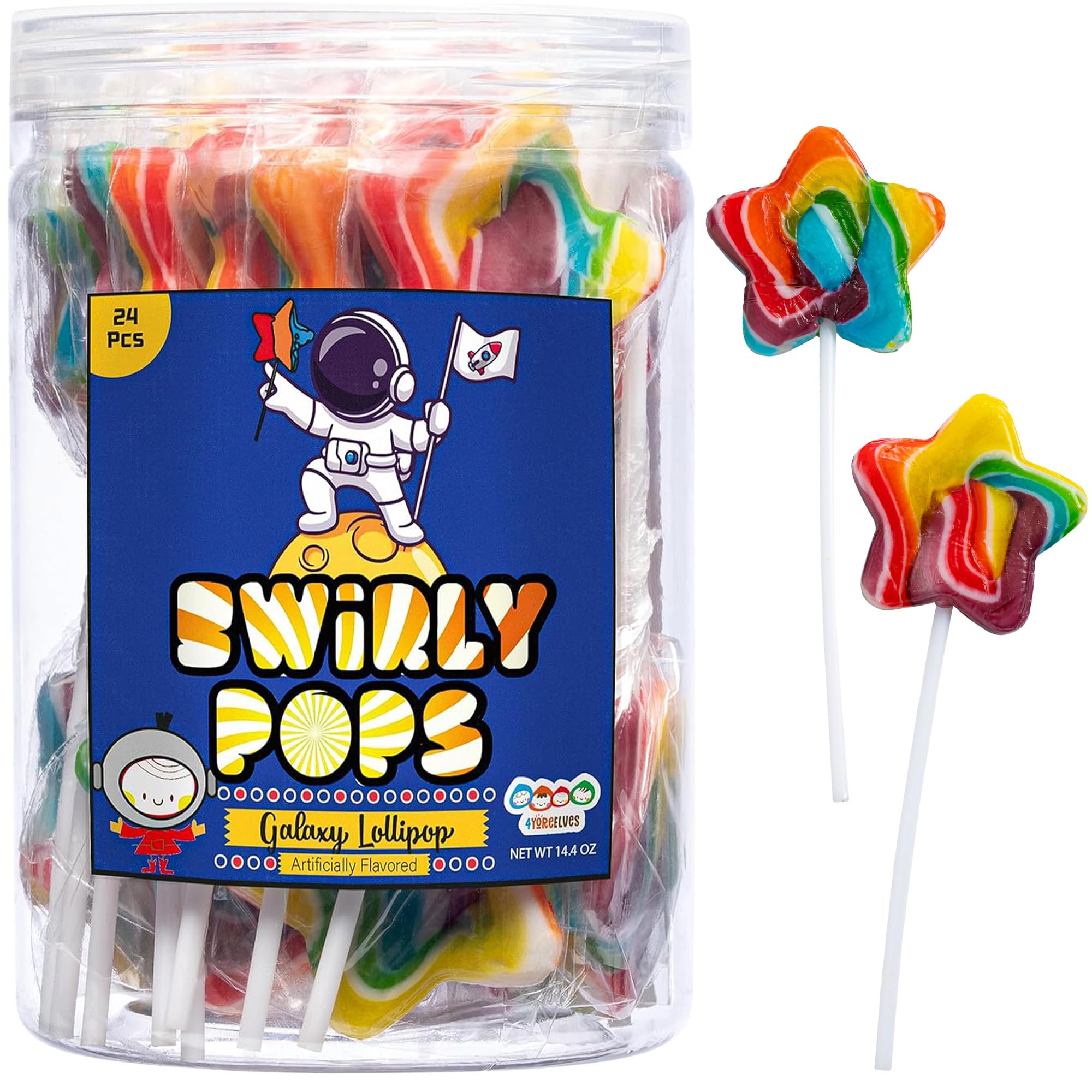4YoreElves Galaxy Star Rainbow Lollipops in a 24-pack, perfect for celebrations.