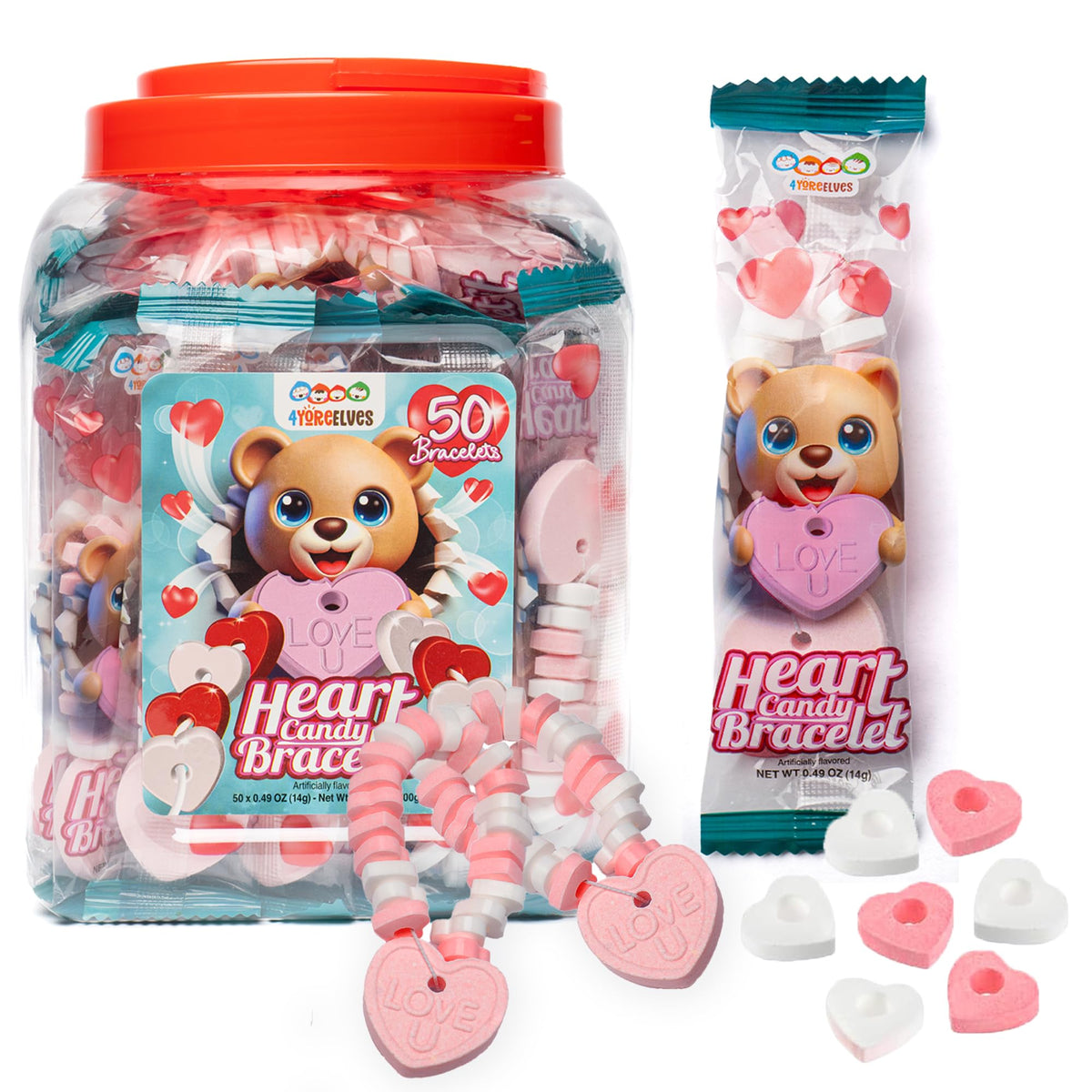 4YoreElves heart candy bracelets pack with pink and white beads for festive party favors.